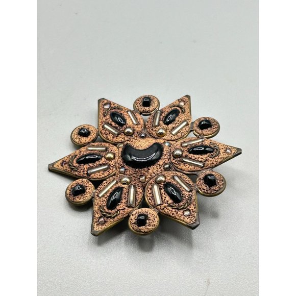 Handcrafted Sunburst Clay Pin Sun Moon Brown Black Colors Handmade 70s Jewelry - Picture 3 of 5